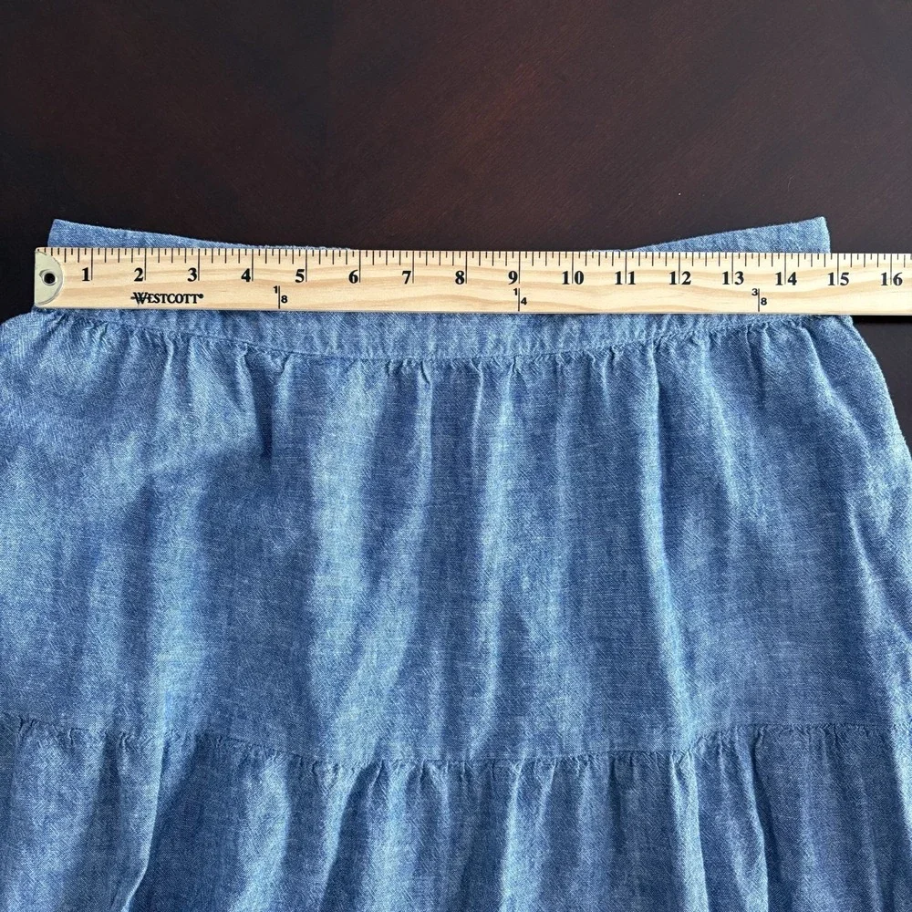 Linen Blend Tiered Chambray Midi Skirt Blue Size M Coastal Cowgirl Western Boho - Picture 8 of 9